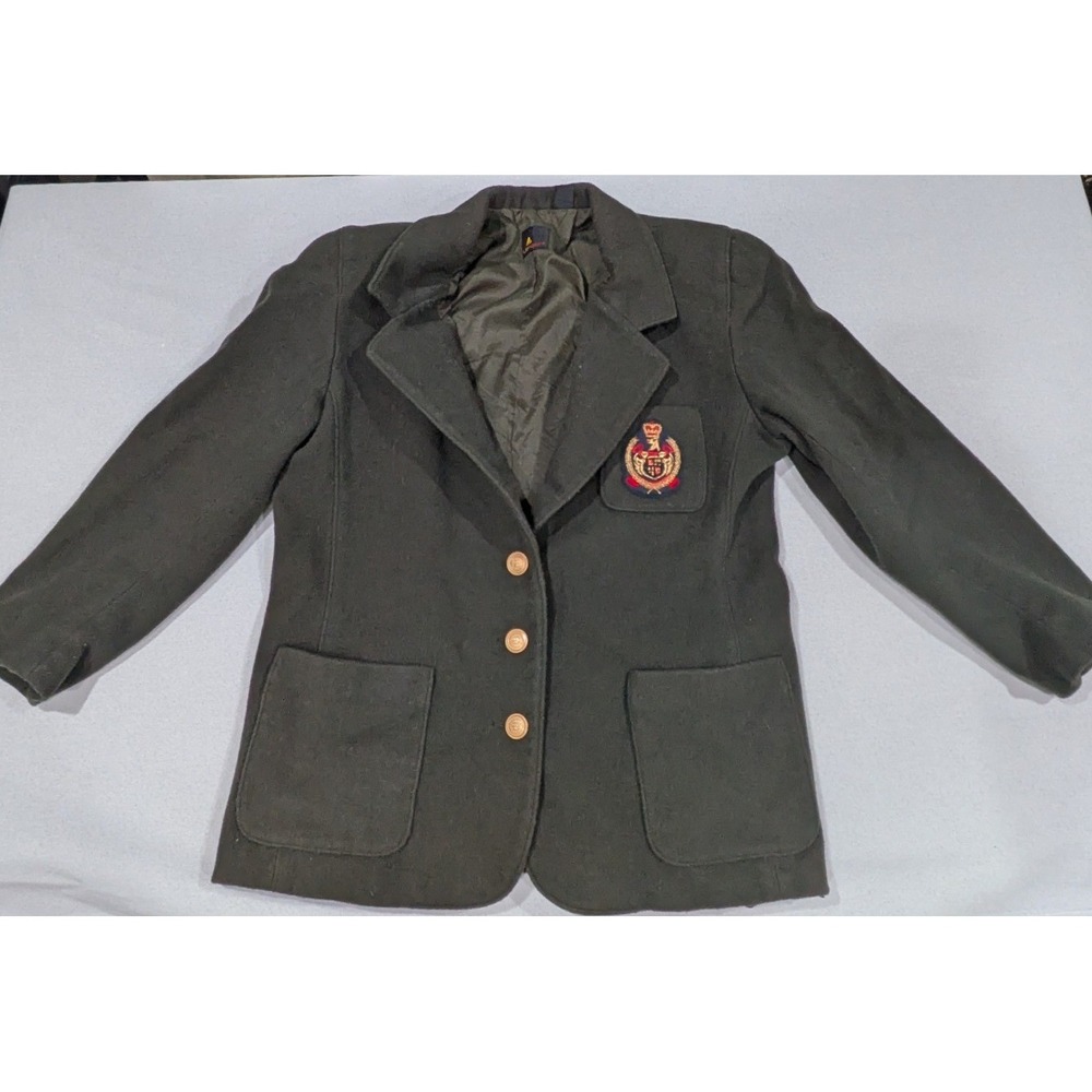 Lizsport Blazer Women 12 Green Excellent Vintage Wool Blend Collegiate Crest
